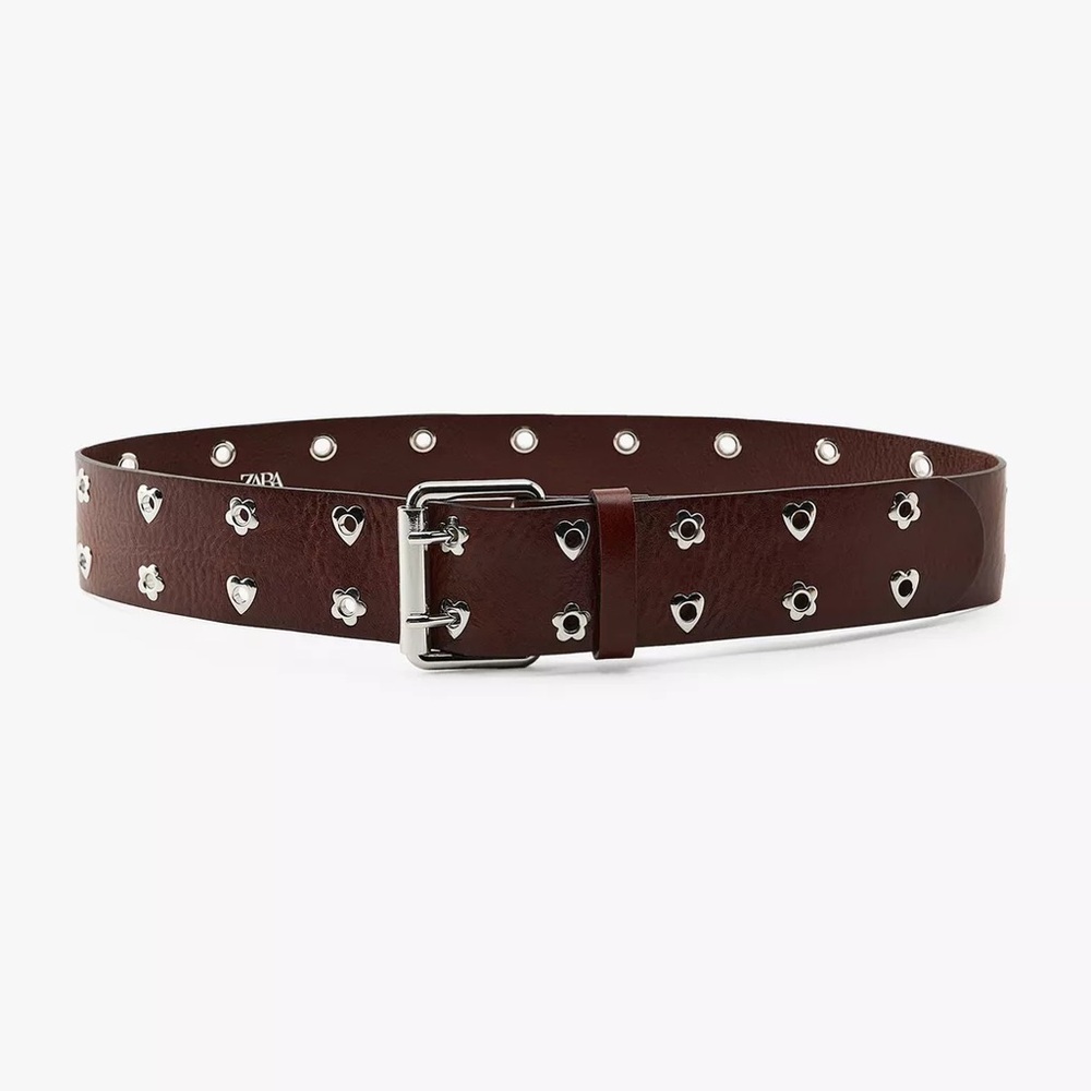 NWT Zara LEATHER HEARTS AND FLOWERS Dark Brown Belt Size 34